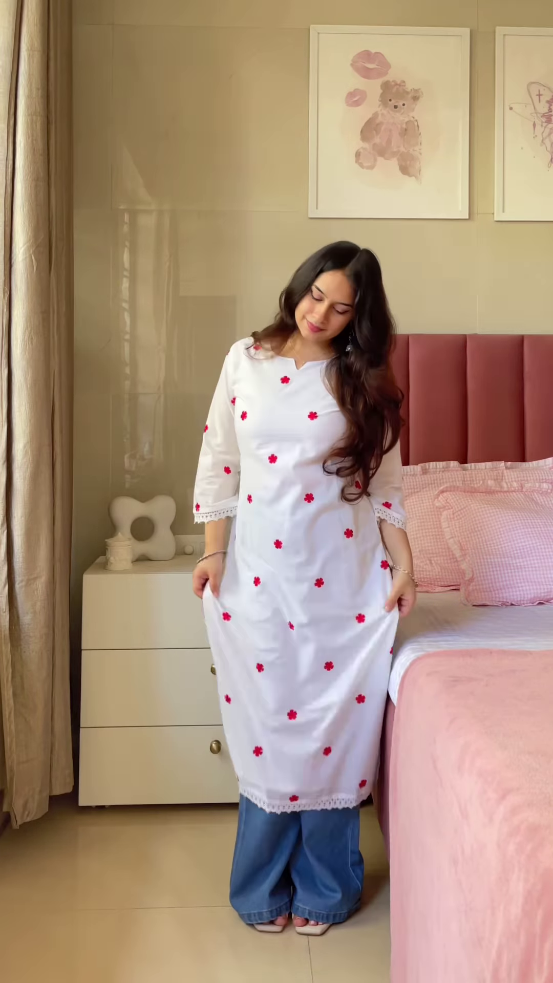 Purple Floral Embroidered Tunic with Light Blue Pants – Elegant Ethnic Co-Ord Set for Women