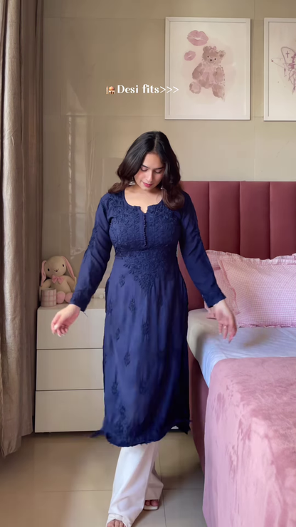 Dark Blue Embroidered Kurta with White Pants – Elegant Desi Outfit for Women