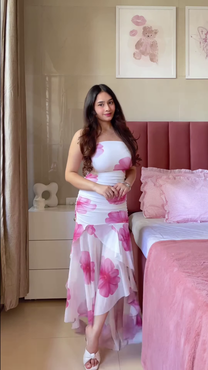 Pink Heart-Print Off-Shoulder Maxi Dress – Romantic Casual Wear for Women