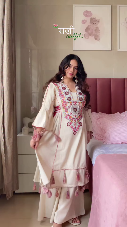 Shiny Pink Off-Shoulder Top & Skirt Set – Tassel-Trimmed Ethnic Partywear for Women