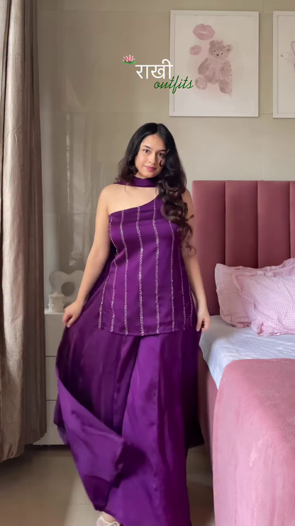 Shiny Pink Off-Shoulder Top & Skirt Set – Tassel-Trimmed Ethnic Partywear for Women