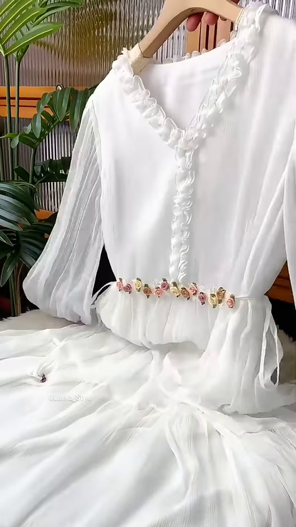 Ethereal White Ruffled Maxi Dress with Floral Embellishments