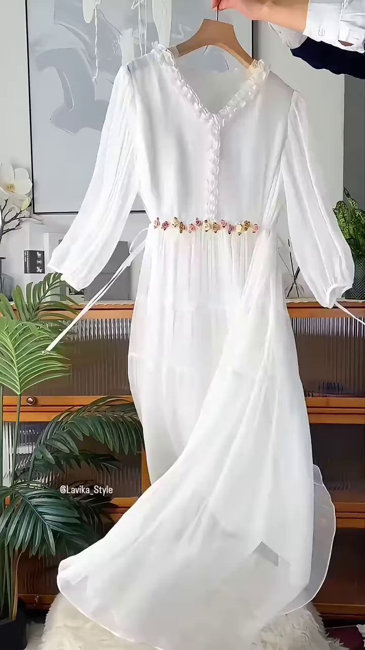 Ethereal White Ruffled Maxi Dress with Floral Embellishments