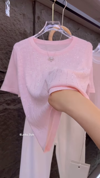 Shimmering Soft-Knit T-Shirt with Glitter Details