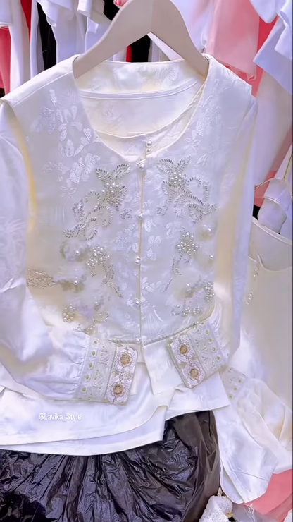 Exquisite Silk and Brocade Top with Pearl and Sequin Embellishments