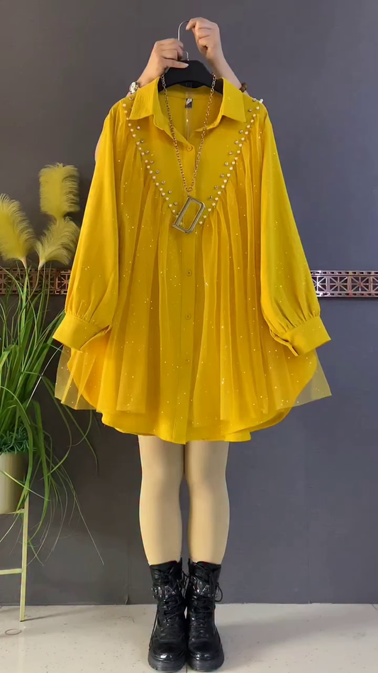 Stylish Yellow Tunic with Pearl and Pleated Details