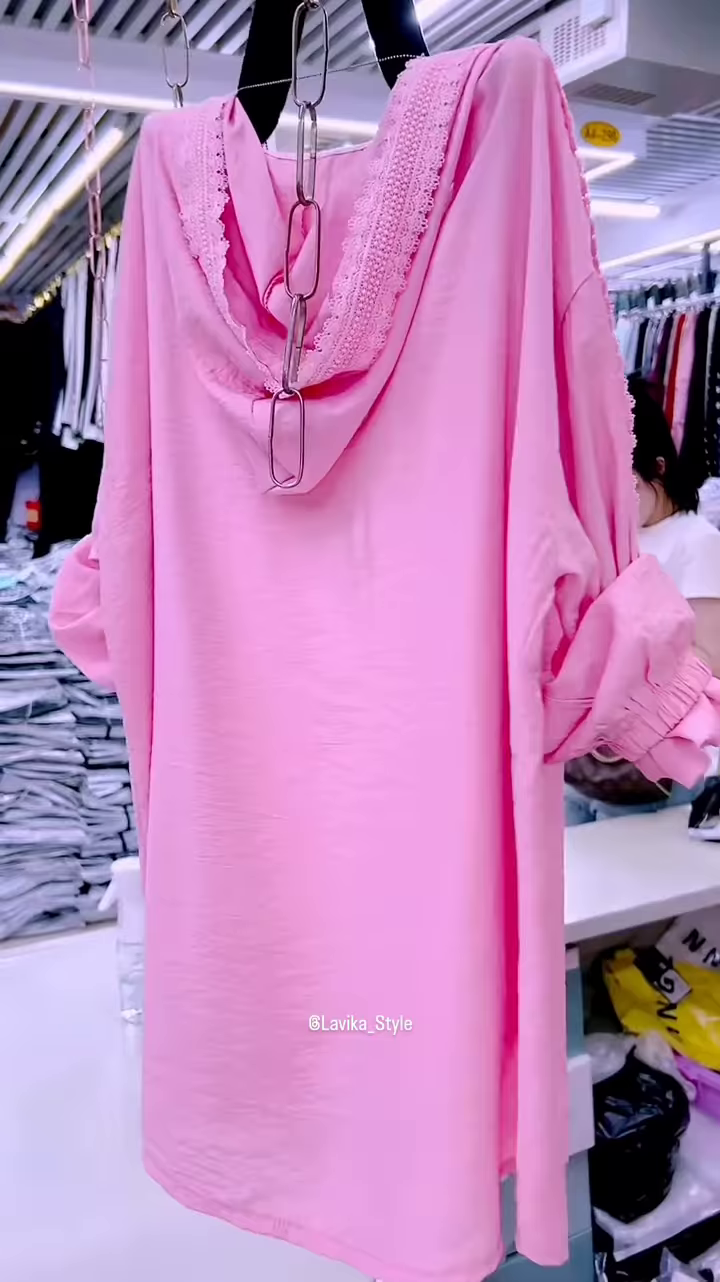 Pastel Pink Overshirt with Lace and Pearl Necklace