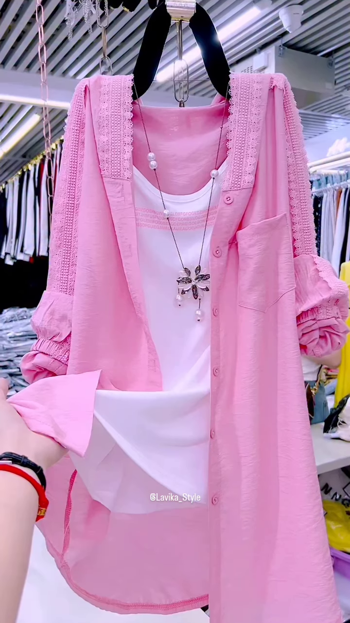 Pastel Pink Overshirt with Lace and Pearl Necklace