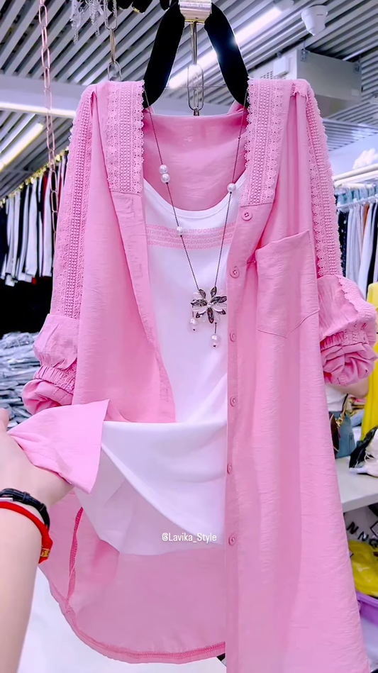 Pastel Pink Overshirt with Lace and Pearl Necklace