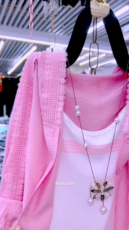 Pastel Pink Overshirt with Lace and Pearl Necklace