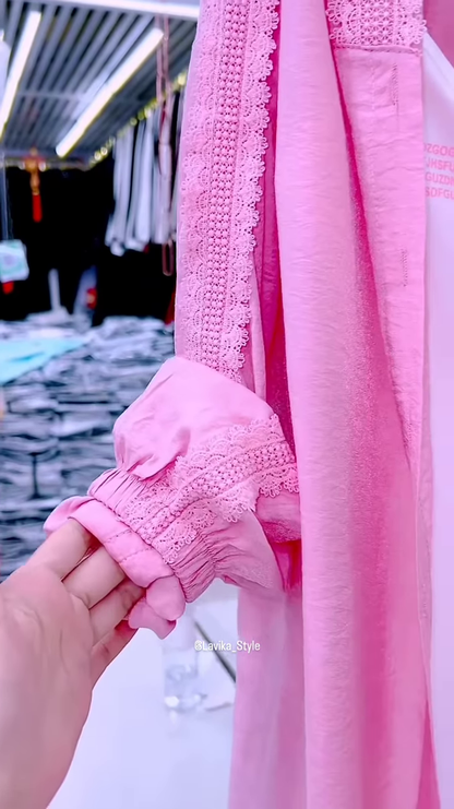 Pastel Pink Overshirt with Lace and Pearl Necklace