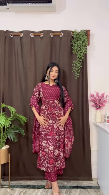 Rich Maroon Floral Ethnic Set with Flared Sleeves