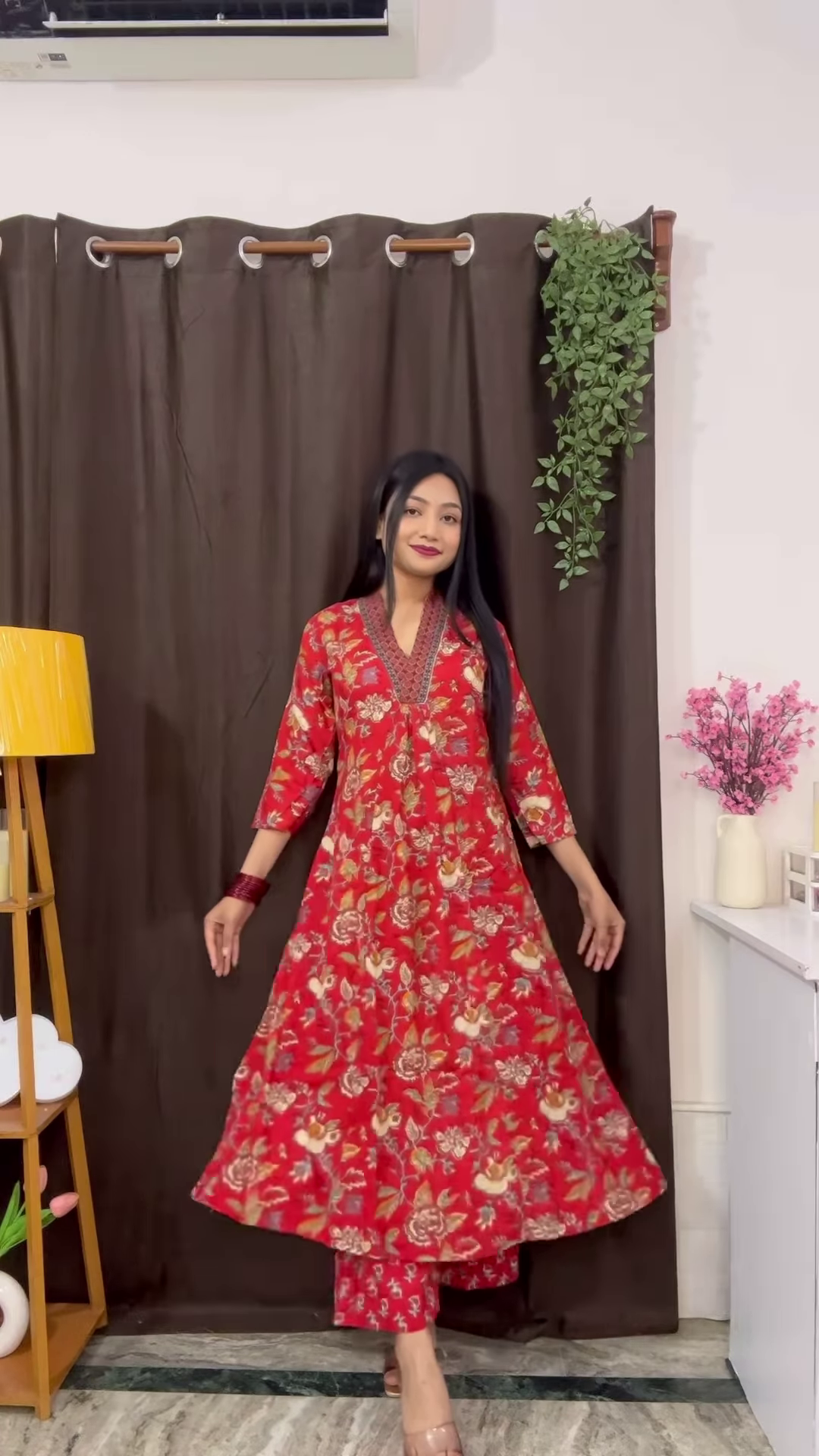 Rich Maroon Floral Ethnic Set with Flared Sleeves