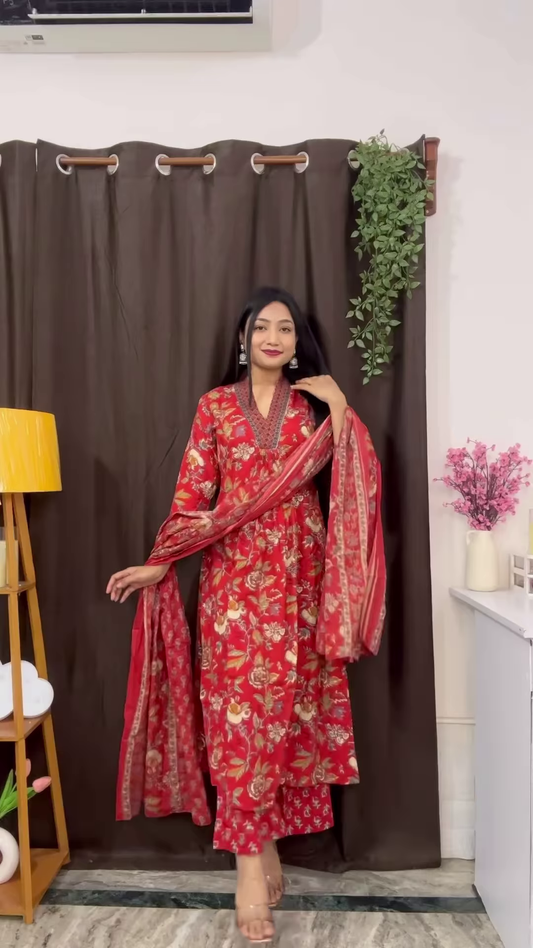 Rich Maroon Floral Ethnic Set with Flared Sleeves