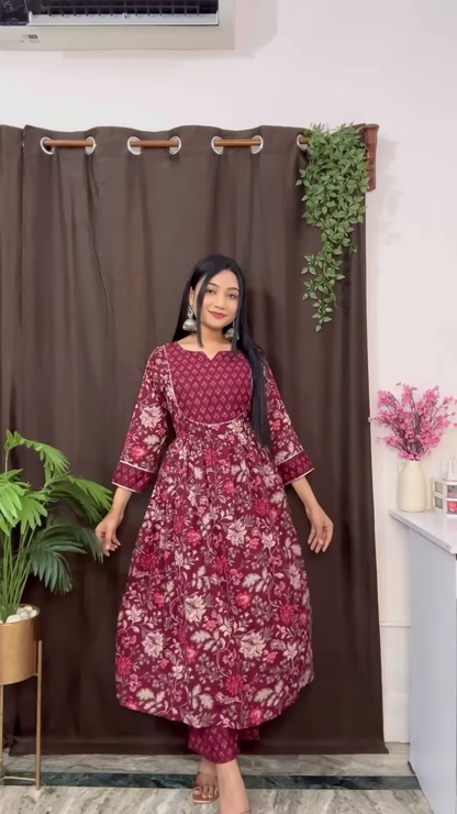 Rich Maroon Floral Ethnic Set with Flared Sleeves