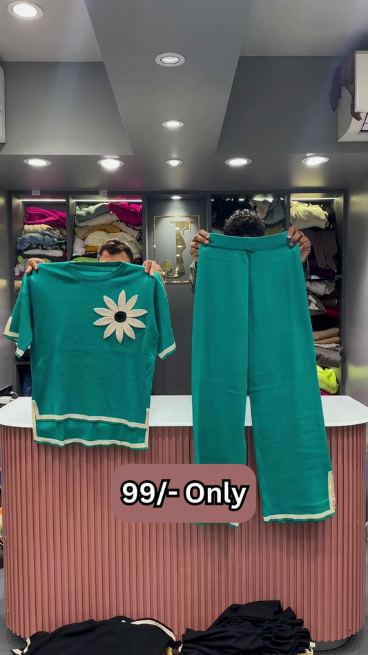 Maroon Two-Piece Sweater Set with Embroidered Daisy