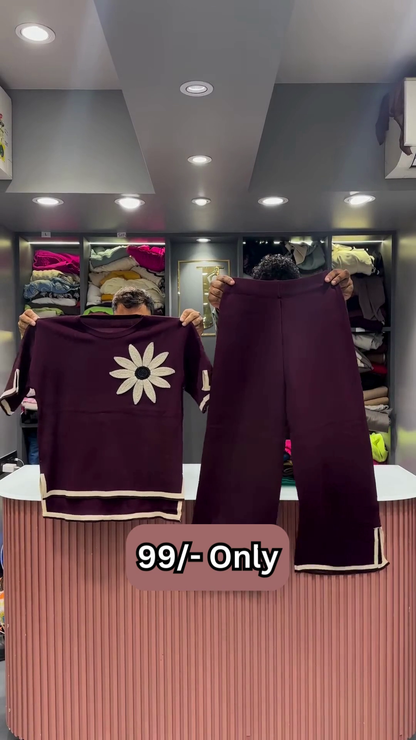 Maroon Two-Piece Sweater Set with Embroidered Daisy