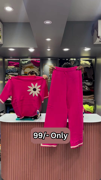 Maroon Two-Piece Sweater Set with Embroidered Daisy