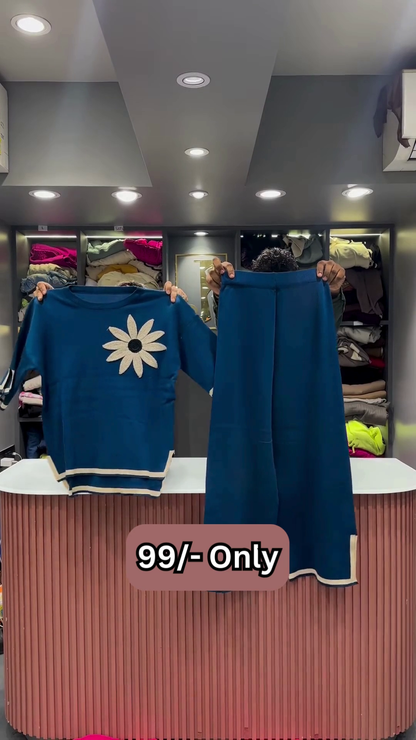 Maroon Two-Piece Sweater Set with Embroidered Daisy