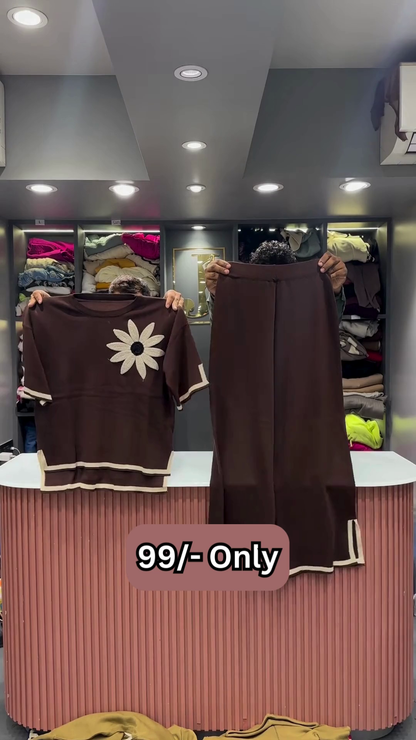 Maroon Two-Piece Sweater Set with Embroidered Daisy