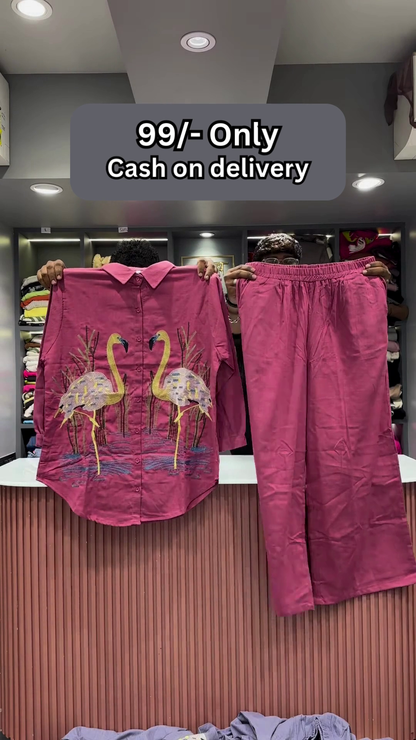 Hot Pink Flamingo Embroidered Two-Piece Set