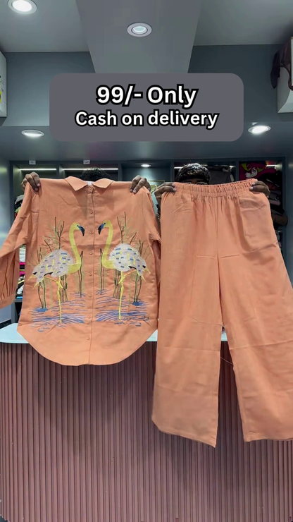 Hot Pink Flamingo Embroidered Two-Piece Set