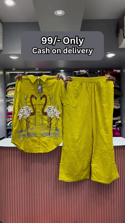 Hot Pink Flamingo Embroidered Two-Piece Set