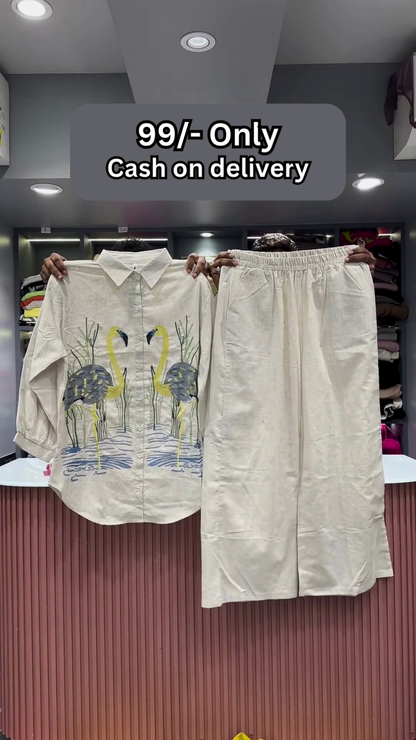 Hot Pink Flamingo Embroidered Two-Piece Set