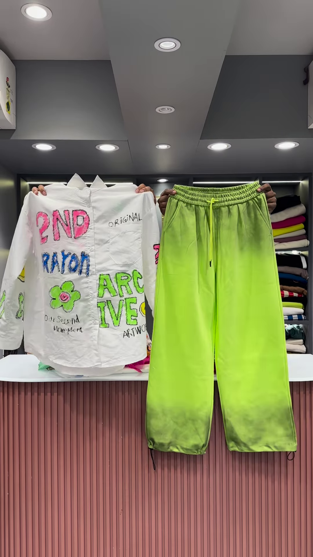 Quirky Striped Shirt with Patches and Neon Pants