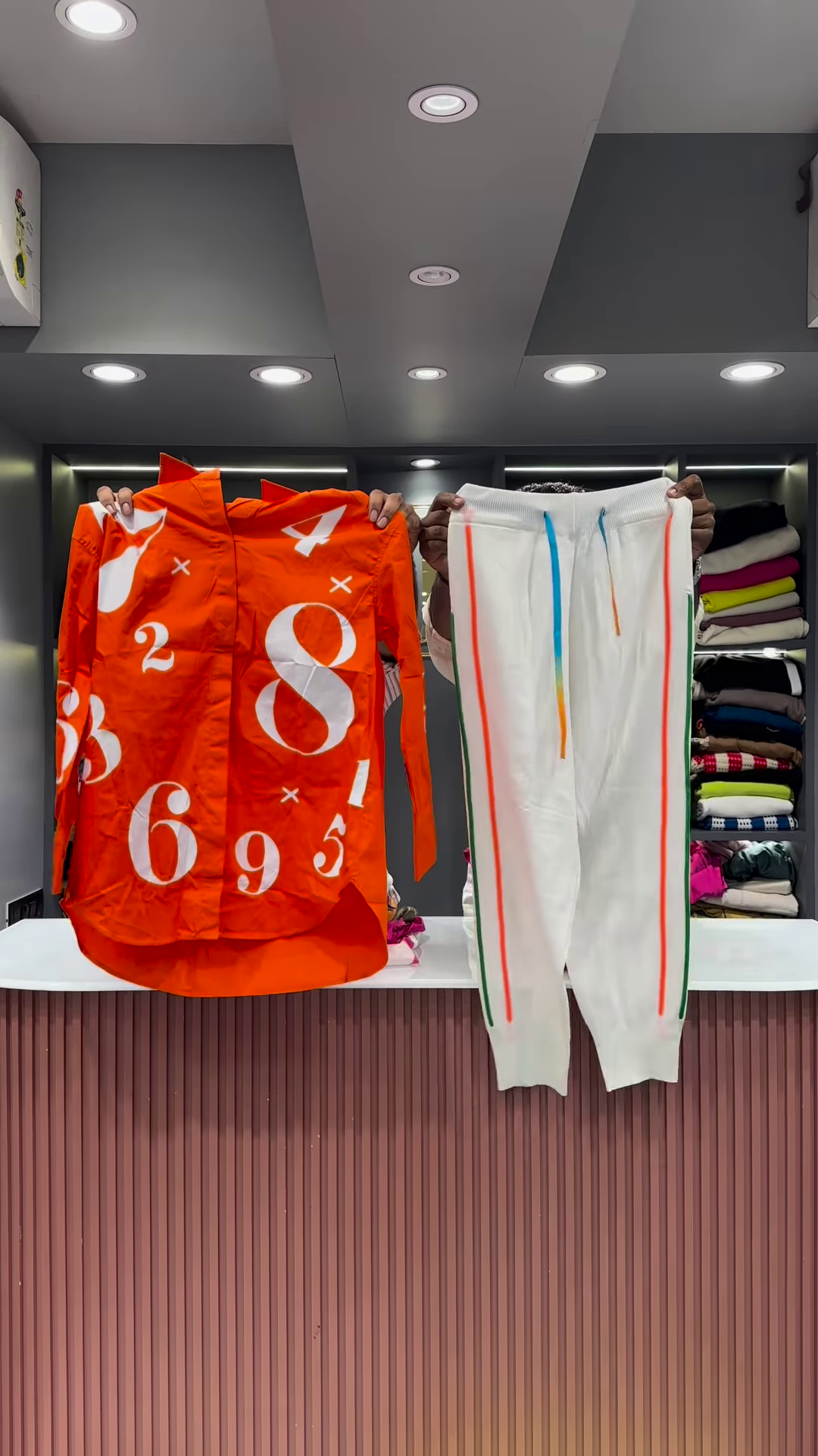 Quirky Striped Shirt with Patches and Neon Pants