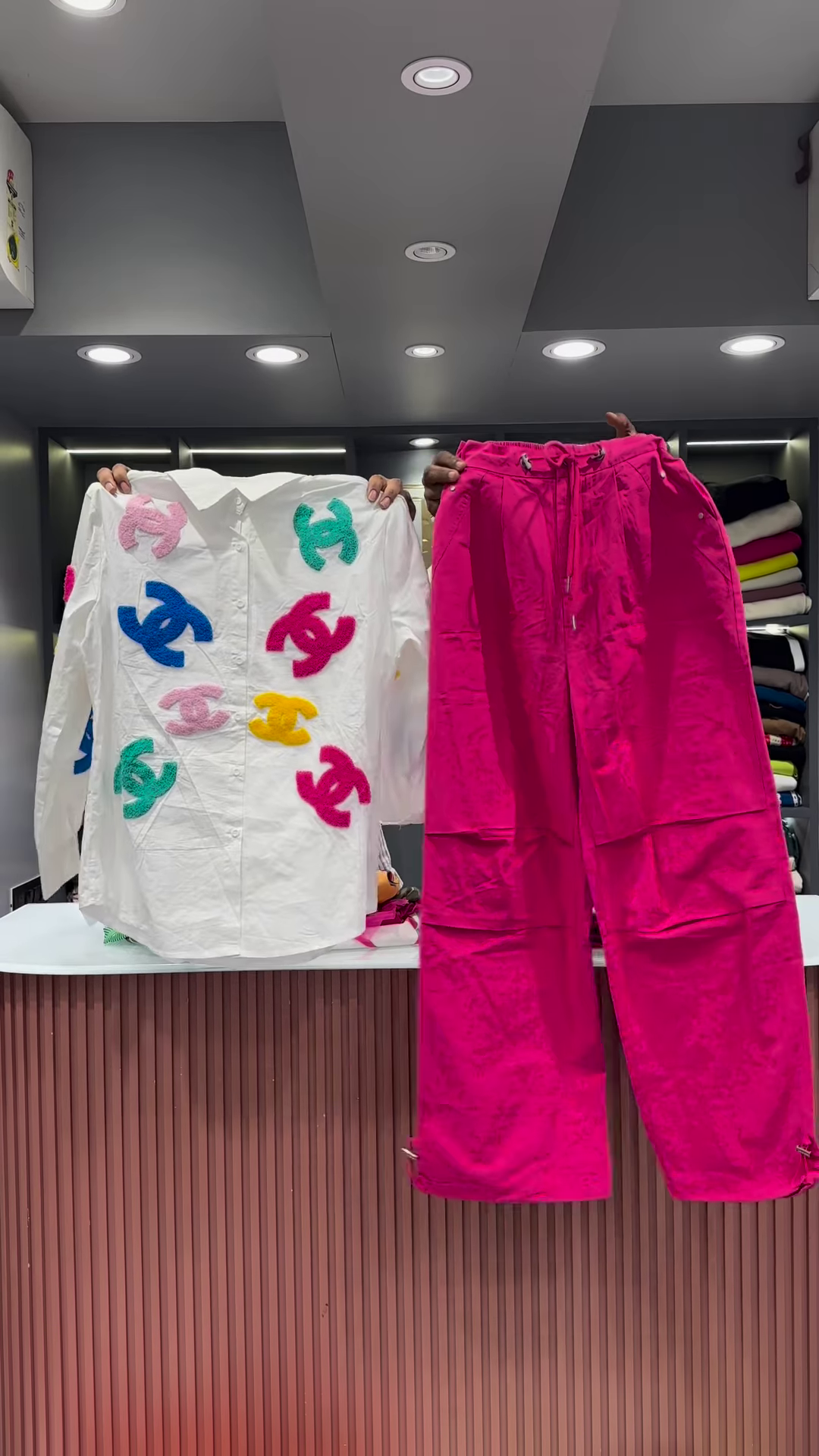 Quirky Striped Shirt with Patches and Neon Pants