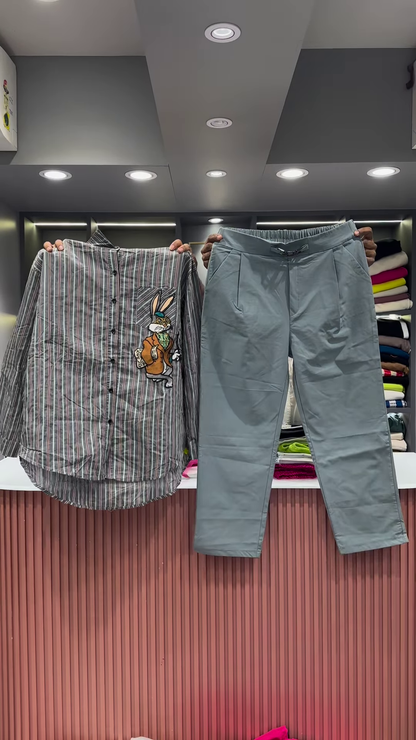 Quirky Striped Shirt with Patches and Neon Pants