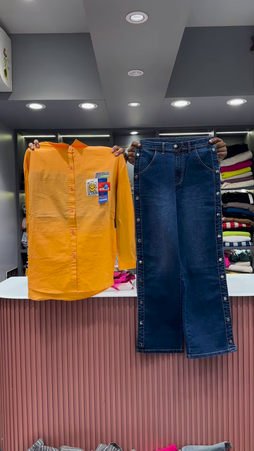 Quirky Striped Shirt with Patches and Neon Pants