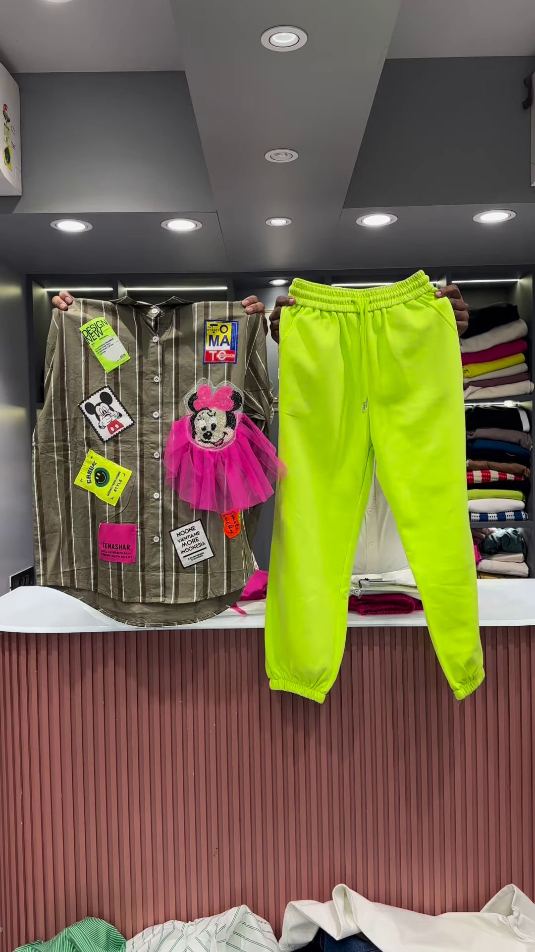 Quirky Striped Shirt with Patches and Neon Pants