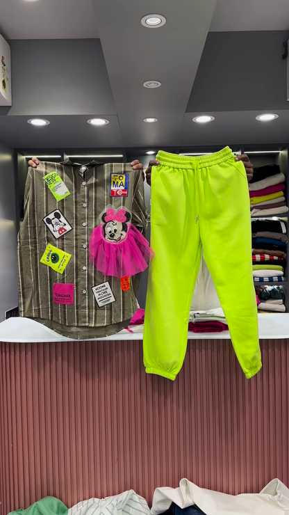 Quirky Striped Shirt with Patches and Neon Pants