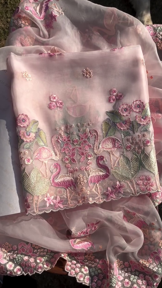 Exquisite Dusty Rose Sheer Fabric with Flamingo Embroidery