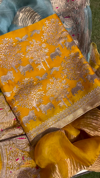 Golden Yellow Fabric with Woven Forest and Animal Motifs