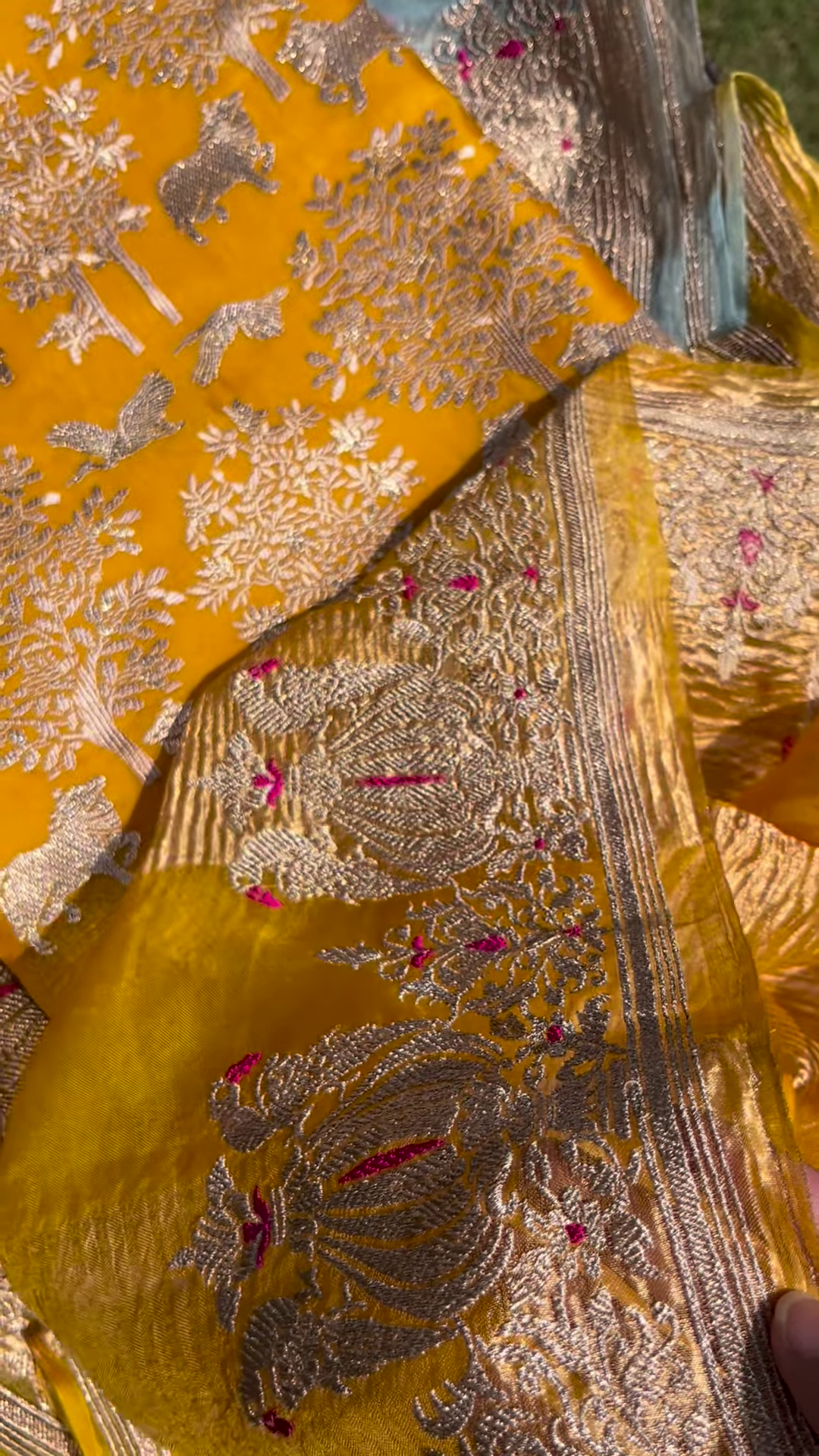 Golden Yellow Fabric with Woven Forest and Animal Motifs