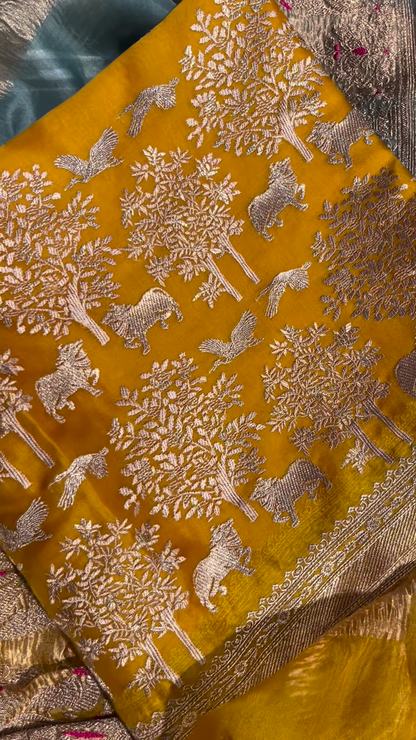 Golden Yellow Fabric with Woven Forest and Animal Motifs