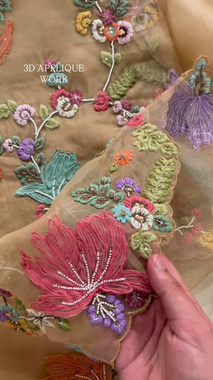 Luxurious Rose-Pink Fabric with Opulent Floral Embroidery