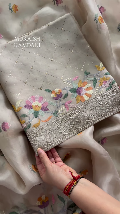 Sheer Fabric with 3D Floral Applique and Embroidery