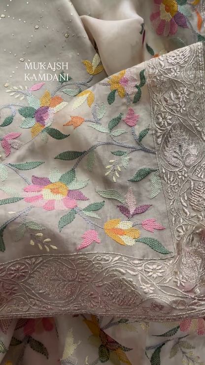 Sheer Fabric with 3D Floral Applique and Embroidery