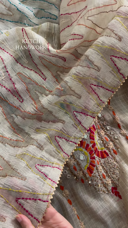 Kamdani Embellished Fabric with Multi-Colored Floral Border