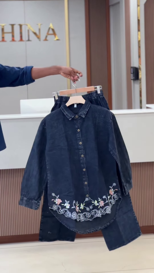 Acid-Wash Denim Shirt and Trouser Co-ord Set with Floral Embroidery