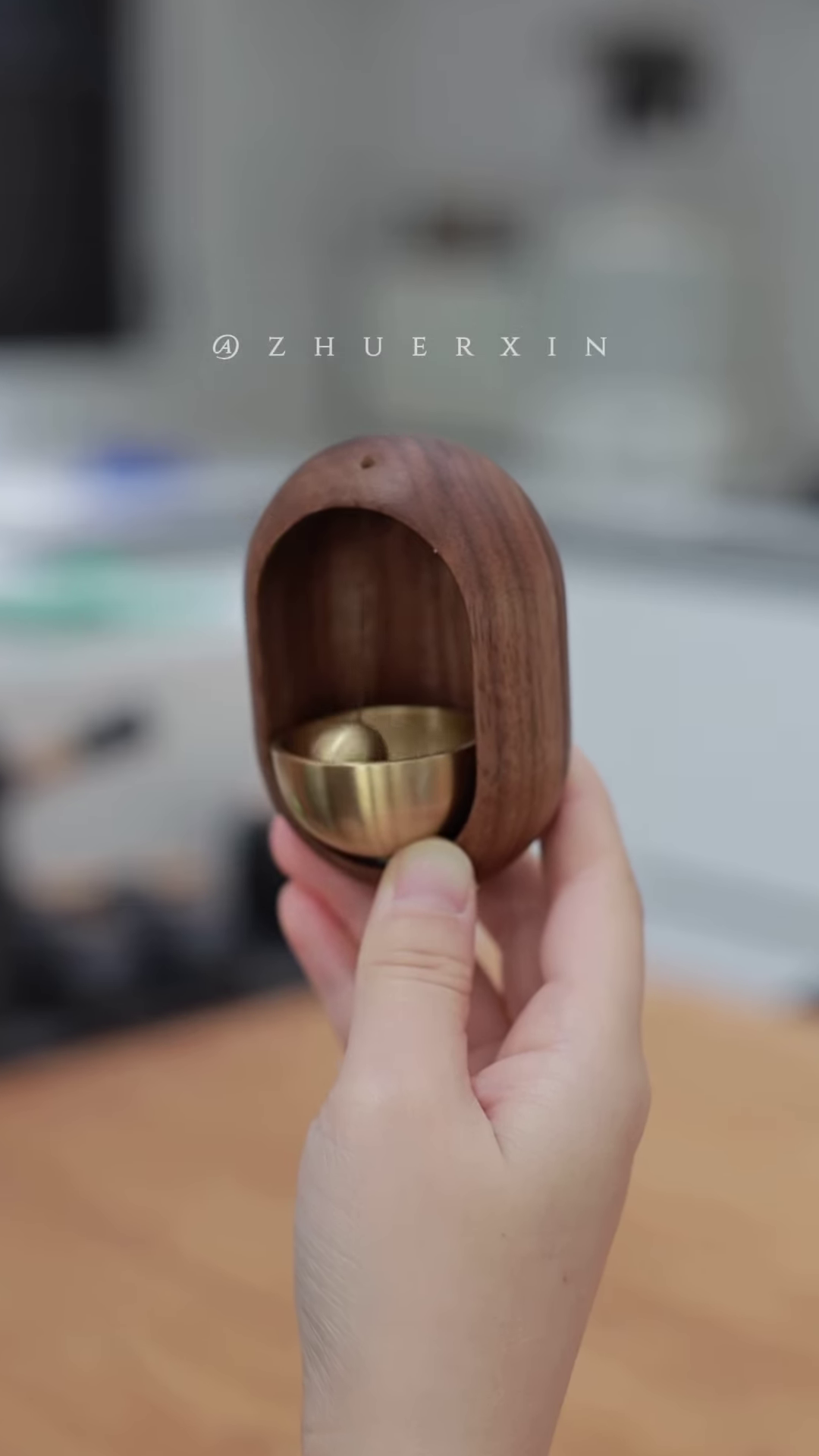 “Handcrafted Walnut Meditation Bell – Minimalist Wooden Chime with Brass Striker for Mindfulness Practice”