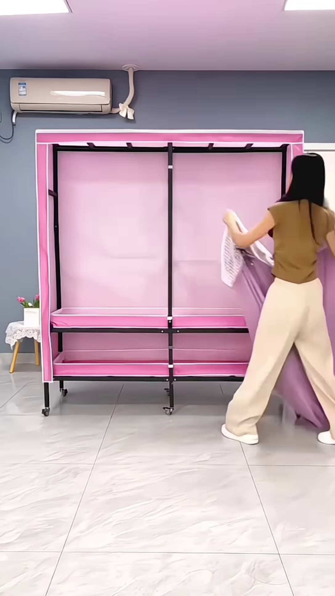 “Portable Fabric Wardrobe Organizer – Lightweight Rolling Clothes Storage with Lavender Curtains”