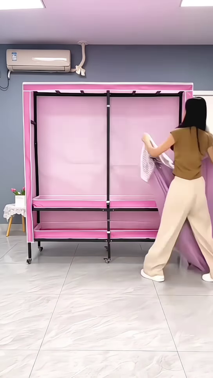 “Portable Fabric Wardrobe Organizer – Lightweight Rolling Clothes Storage with Lavender Curtains”