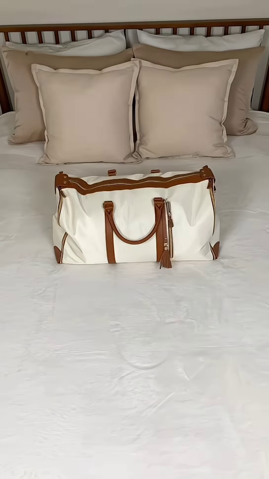 Elegant Weekend Duffle Bag: Luxurious Cream and Tan Leather Travel Tote with Classic Design