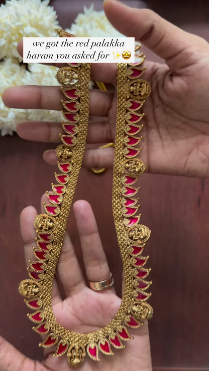 Traditional Red Palakka Haram Necklace – Temple-Inspired South Indian Bridal Jewelry