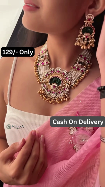 Intricate Gold-Toned Necklace and Earrings Set with Kundan and Gemstone Accents – Traditional Indian Jewelry